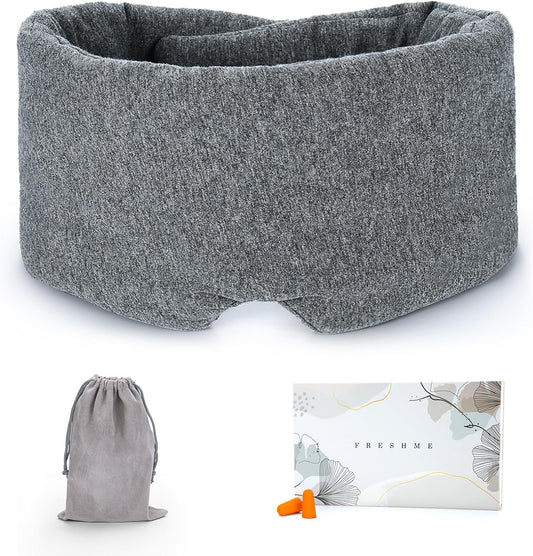 FRESHME Cotton Eye Mask for Sleeping in Gift Box - Soft and Adjustable Extensions Sleep Mask with Earplugs and Pouch for Women and Men, Blackout Cover for Night Travel Relaxation