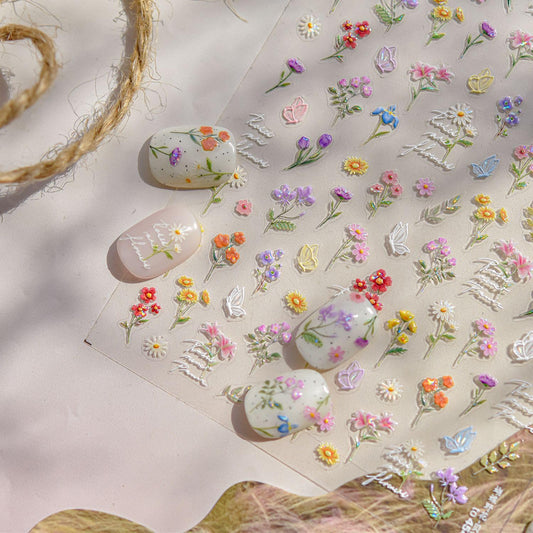 Flowers Nail Art Stickers for Acrylic Nails Colorful Flower Nail Decals 5D Embossed Self Adhesive Daisy Nail Sticker with Butterfly Designs Nail Stickers Spring Cute Floral Nail Decal for Women