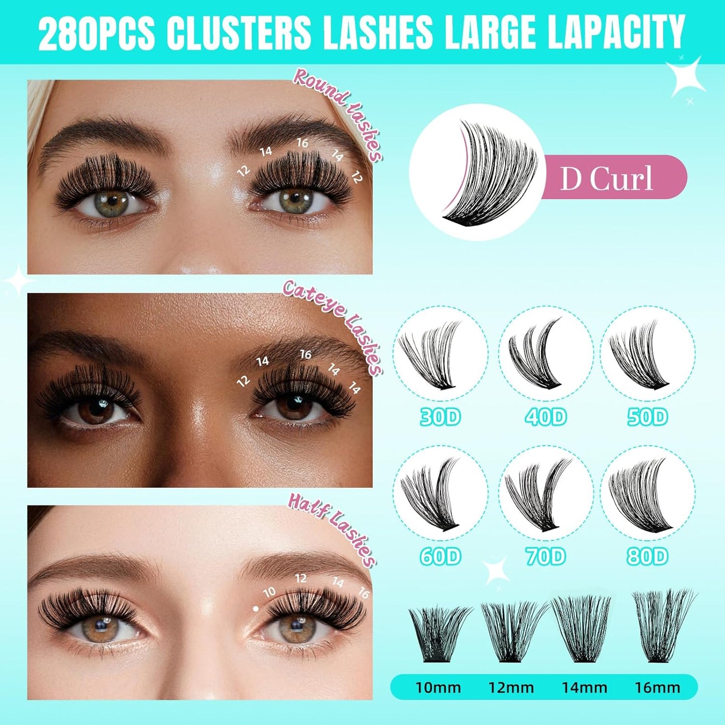 Lash Clusters Wispy 280PCS Eyelash Extension 80D Cluster Lashes Individual Lashes DIY Lash Extension Natural Look Cluster Eyelash Extensions Soft False Eyelashes at Home for Beginners(14mm)