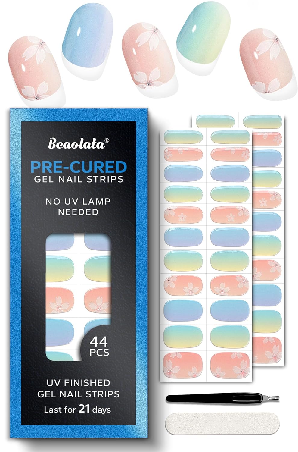 Pre Cured Gel Nail Strips - 44PCS Salon Quality Gel Nail Stickers - Long Lasting Polish Wraps for Women no UV Light Needed Easy Apply& Remove (Sorbet Blue）
