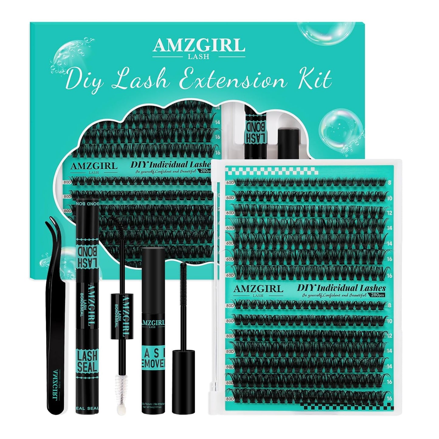 Lash Extension Kit 280Pcs,60D 80D Individual Lashes Clusters Kit,Lash Bond And Seal,Lash Remover For Eyelashes Extensions,Lash Applicator Tool For False Eyelash Cluster Kit At Home(D-Mix8-16mmKit)