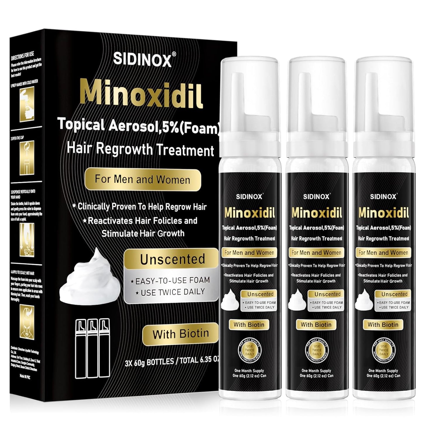 5% Minoxidil Foam for Men & Women - Hair Growth Treatment with Biotin, Non-Greasy Fast Absorbing Foam for Thinning Hair, Regrow Fuller Thicker Hair & Beard, 3 Month Supply (3 x 2.12 oz)