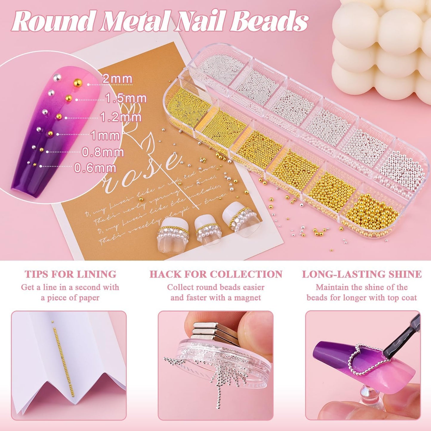 2 Boxes Flatback Pearls (White) and Metal Nail Beads (Silver+Gold) for Acrylic Nail Tips Manicure Decor