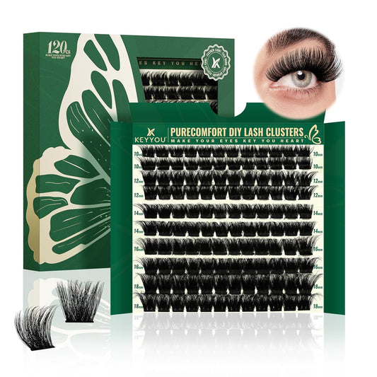 KEYYOU Lash Clusters 120pcs Eyelash Clusters 10-18mix D Curl Cluster Lashes Thick Super Soft Wispy DIY Eyelash Extension at Home(PC03-D-10-18MIX)