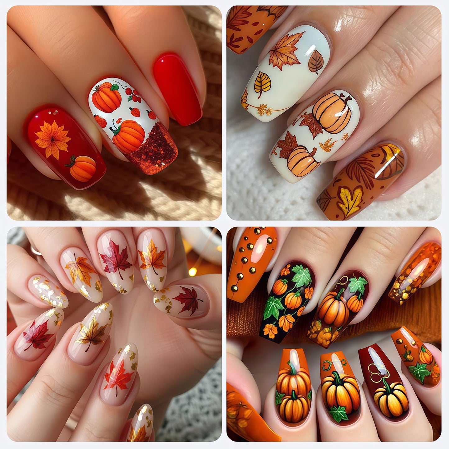 6 Sheets Fall Nail Stickers Thanksgiving Nail Decals 3D Self-Adhesive Glitter Autumn Maple Leaves Pumpkin Design Stickers Fall Maple Leaf Nail Art Sticker for Women Holiday DIY Manicure Decoration