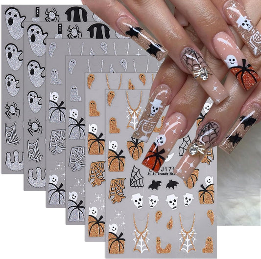 6 Sheets Silver Pumpkin Nail Art Stickers Halloween Nail Stickers Glitter Spider Web Nail Decals Bat French Tips Water Drop Gold Design Shine Sticker for Nail DIY Manicure Supplies for Women