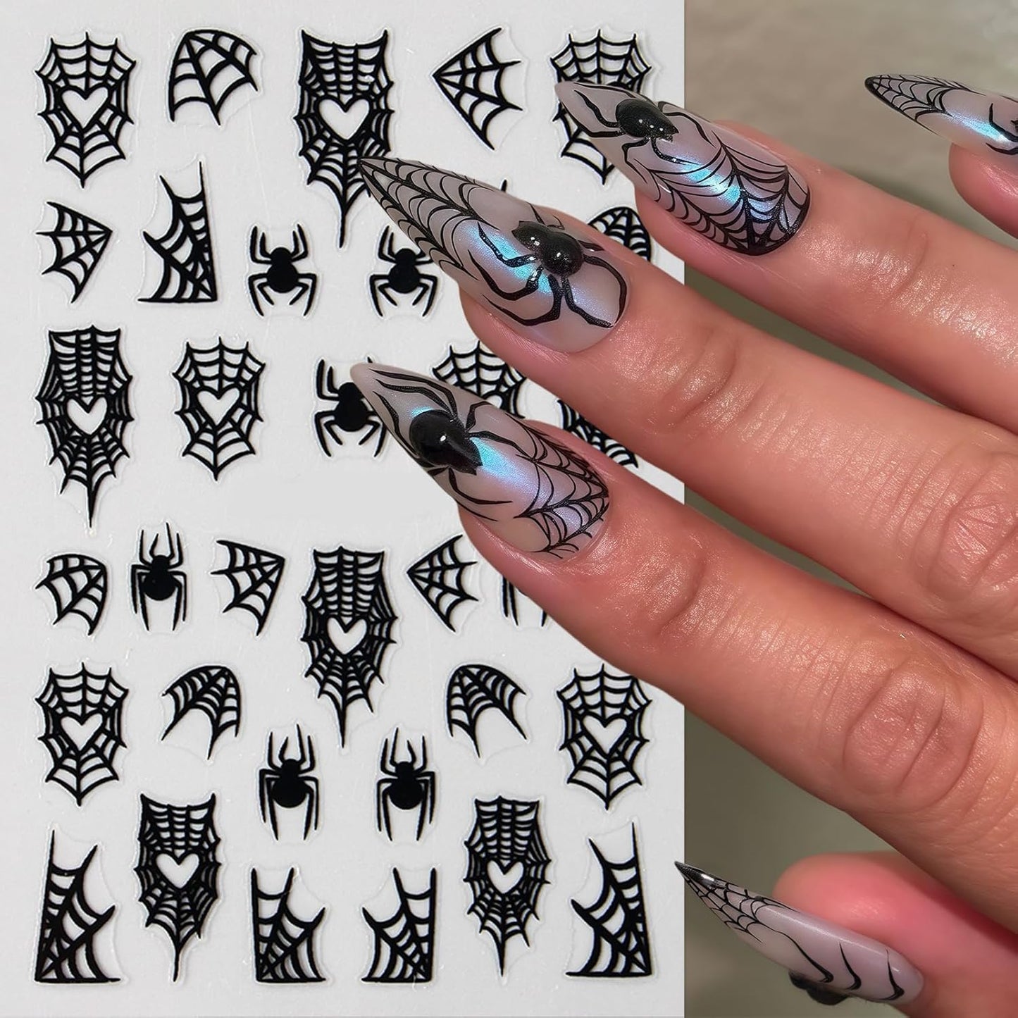 6 Sheets Halloween Spider Web Nail Stickers Spider Nail Stickers for Nail Art 3D Self-Adhesive Ghost Nail Decals Black White Spiders Web Bat Silver Glitter Black French Nails Design Supplies for Women