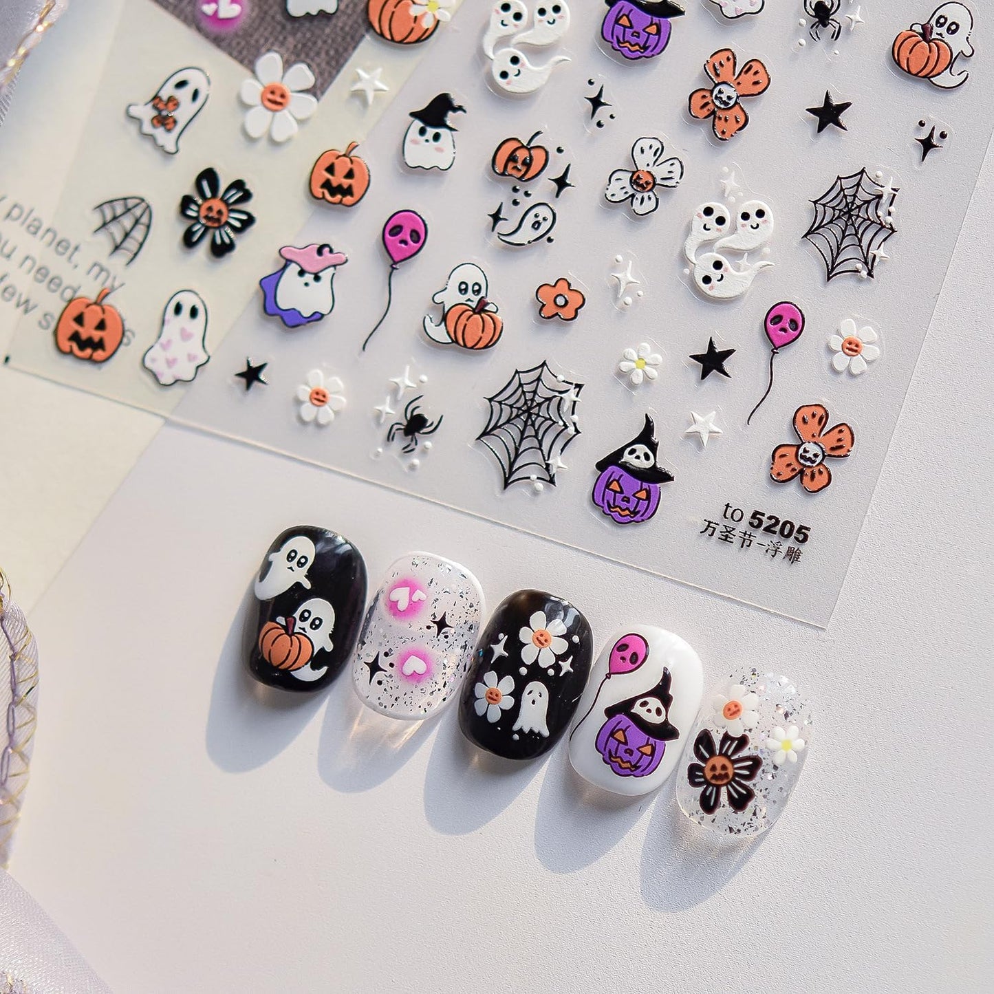 Halloween Nail Stickers for Nail Art Cute Ghost Pumpkin Flower Nail Art Stickers 5D Embossed Nail Decals 3D Self-Adhesive Nails Supply Manicure Sliders for Nails Decoration