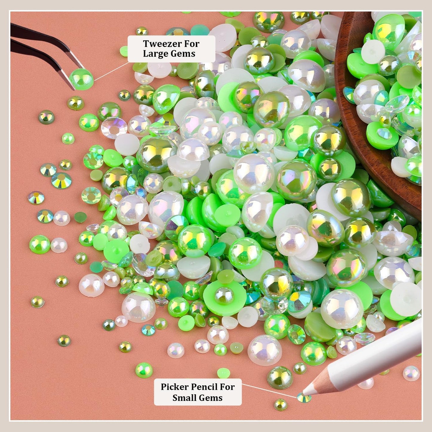 80g Flatback Pearls and Rhinestones for Crafting, Green 3-10mm Resin Rhinestones and Half Pearls for Bedazzling, Nail Art and Dec with 3pcs 10ml B7000 Jewelry Glue, Tweezer and Pickup Pencil