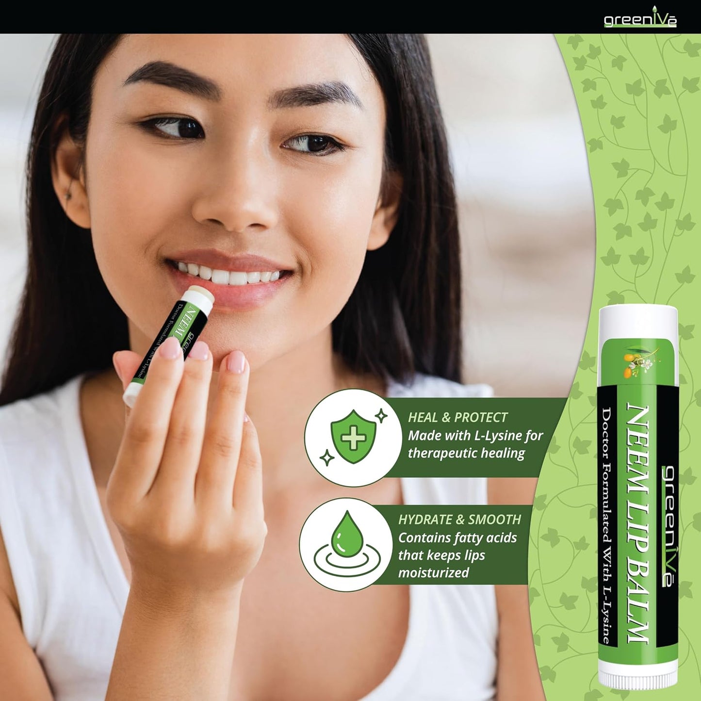 GreenIVe Neem Lip Balm, Vegan Lip Moisturizer with L-Lysine, Soothe and Soften (5)