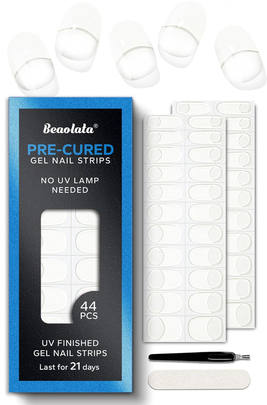Pre Cured Gel Nail Strips - 44PCS Salon Quality Gel Nail Stickers - Long Lasting Polish Wraps for Women no UV Light Needed Easy Apply& Remove (Dawn White)
