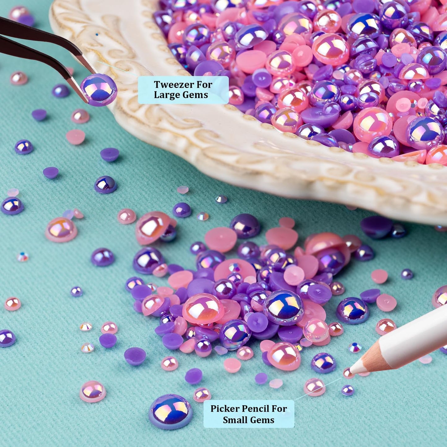 150g Flatback Pearls and Rhinestones Set 3-Purple&Pink, Mixed Size 3-10mm Resin Rhinestones and Half Pearls for Nail Art and Crafts and Decoration with Tweezer and Pickup Pencil