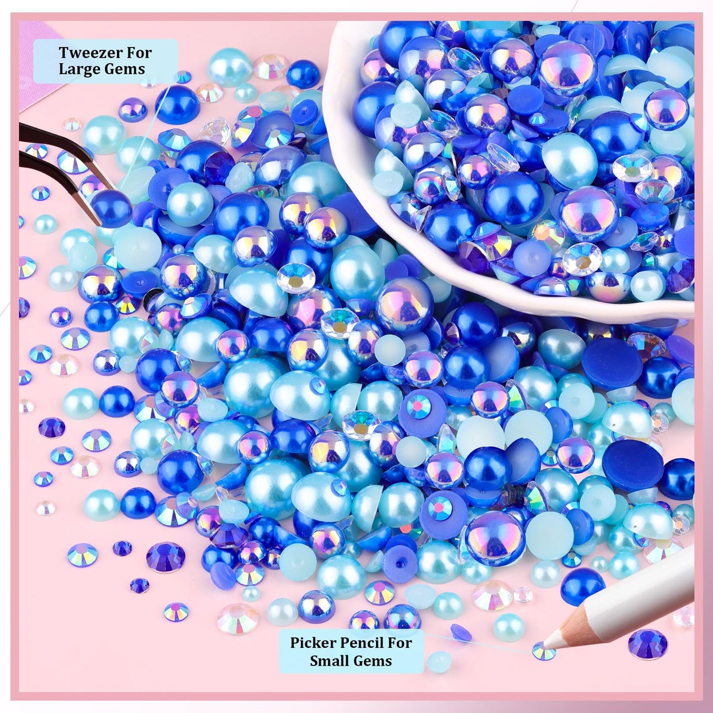 9000Pcs Flatback Pearls and Rhinestones for Crafting, Blue Series Mixed Size 3-8mm Resin Rhinestones and Half Pearls for Bedazzling, Nail Art with Tweezers and Pickup Pencil