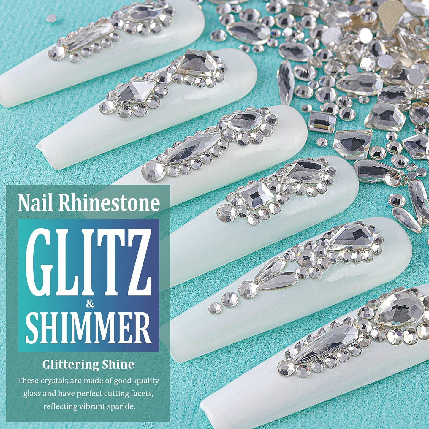 Multi Shapes Transparent White 3D Glass Crystal Nail Art Rhinestones Kit with Flatback Round Bead Charm Gem Stone Jewelry Diamond with Pickup Pen + Tweezer for Manicure Makeup DIY Craft Decoration