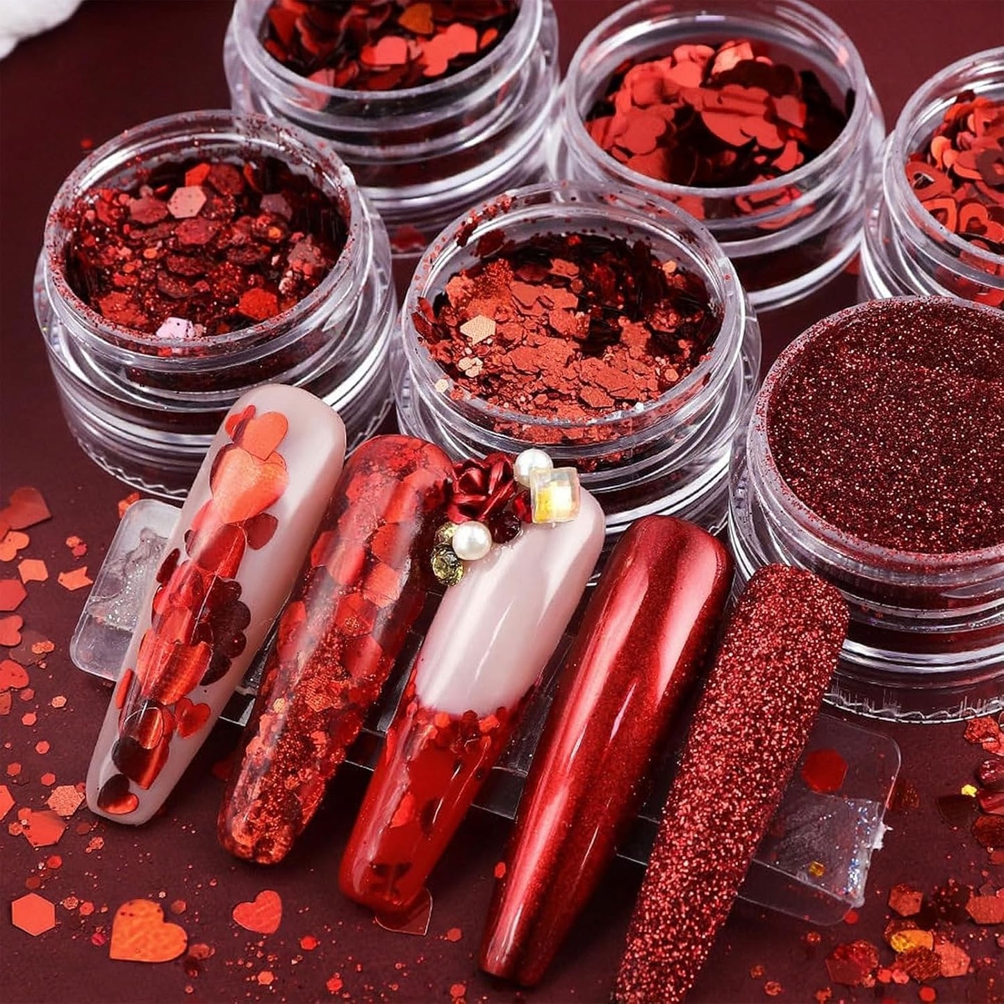 Heart Nail Art Glitter Red Valentines Day Nail Sequins Flakes, Red Manicure fine Glitter Powder, 3D Holographic Round Hexagon Nail Stickers Decals Supplies Nail Charms for Women 6 Box