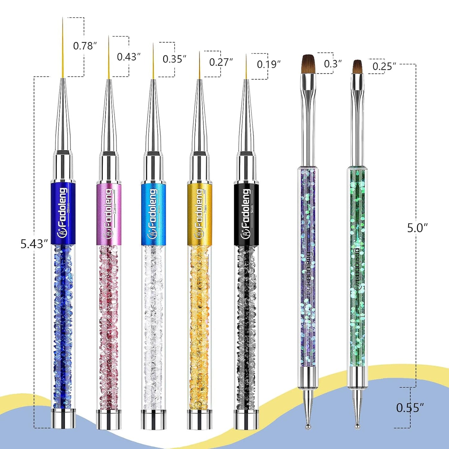 Nail Art Brushes, 7Pcs Nail Design Brushes for Salon at Home DIY Manicure with Nail Liner Brush and Double-ended Fine Nail Art Pen (7/9/11/15/20mm)