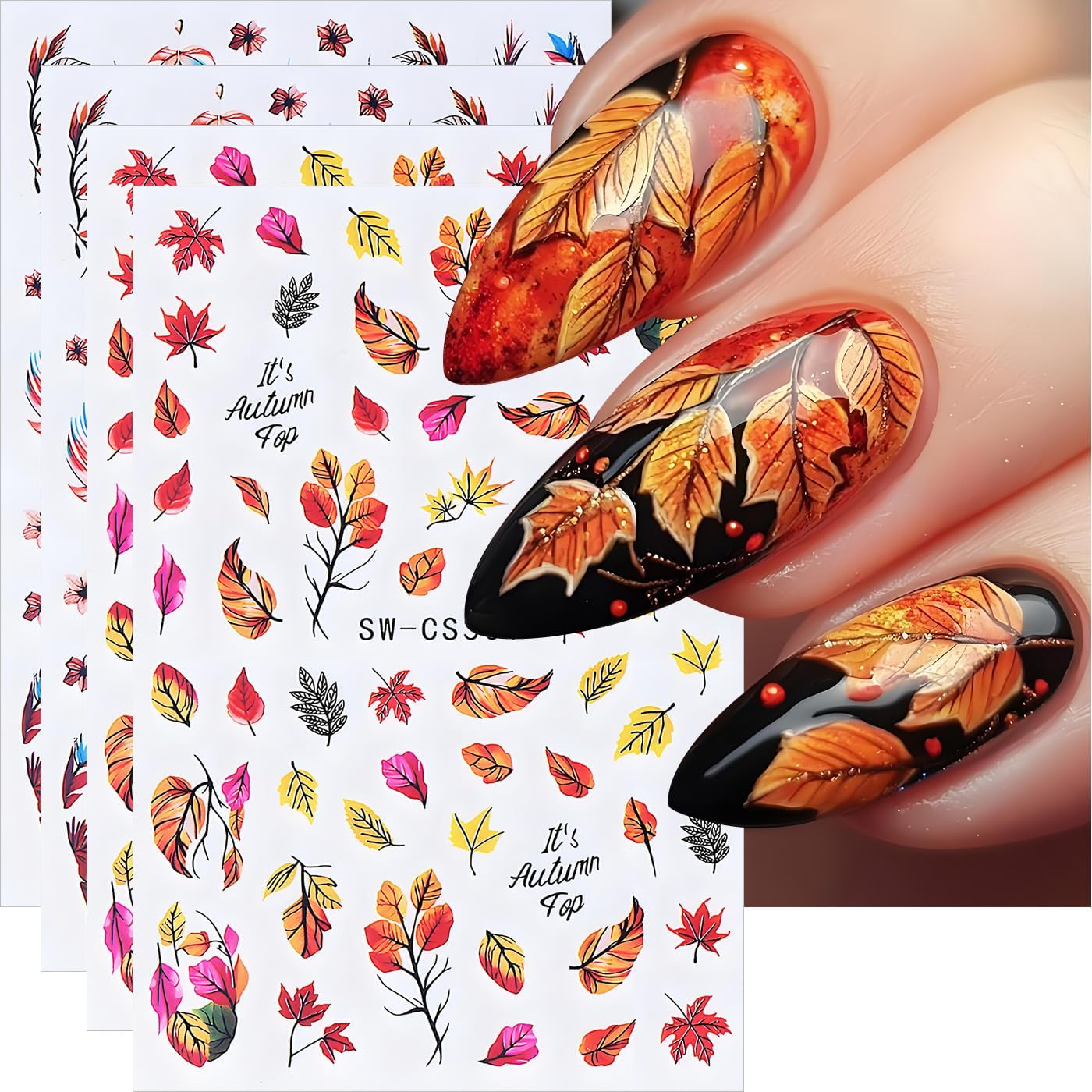 Fall Maple Leaves Nail Art Stickers for Thanksgiving, Fall Nail Art Decals 3D Self-Adhesive Leaf Flower Tree Nail Design 6Pcs Nail Art Supplies for Women Nail Decoration