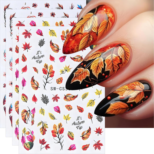 Fall Maple Leaves Nail Art Stickers for Thanksgiving, Fall Nail Art Decals 3D Self-Adhesive Leaf Flower Tree Nail Design 6Pcs Nail Art Supplies for Women Nail Decoration