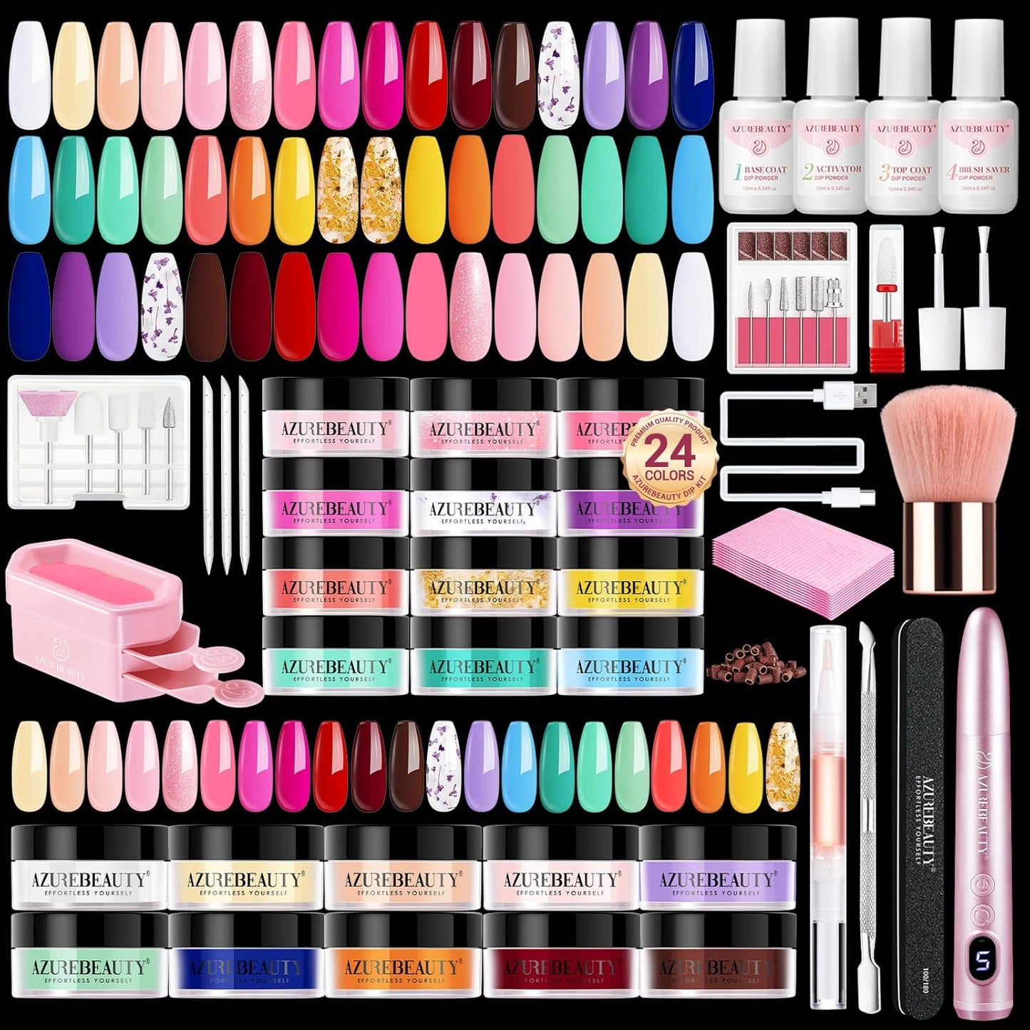 AZUREBEAUTY Dip Powder Nail Kit with Electric Nail Drill 24 Colors Bright Green Pink Orange Nail Starter Kit with Dip Liquids Base Top Coat Activator Portable Manicure French Nail Art Essential Set