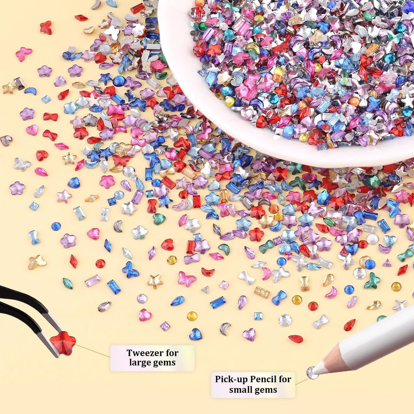 4700 PCS Muliti-Shape Colorful Rhinestones for Nail Art, 1.2-3 MM Resin Flatback Bedazzling Gems Mini Flower Bow Heart Star Butterfly, Kawaii Women Rhinestone Kit with Tweezers and Pickup Pencil