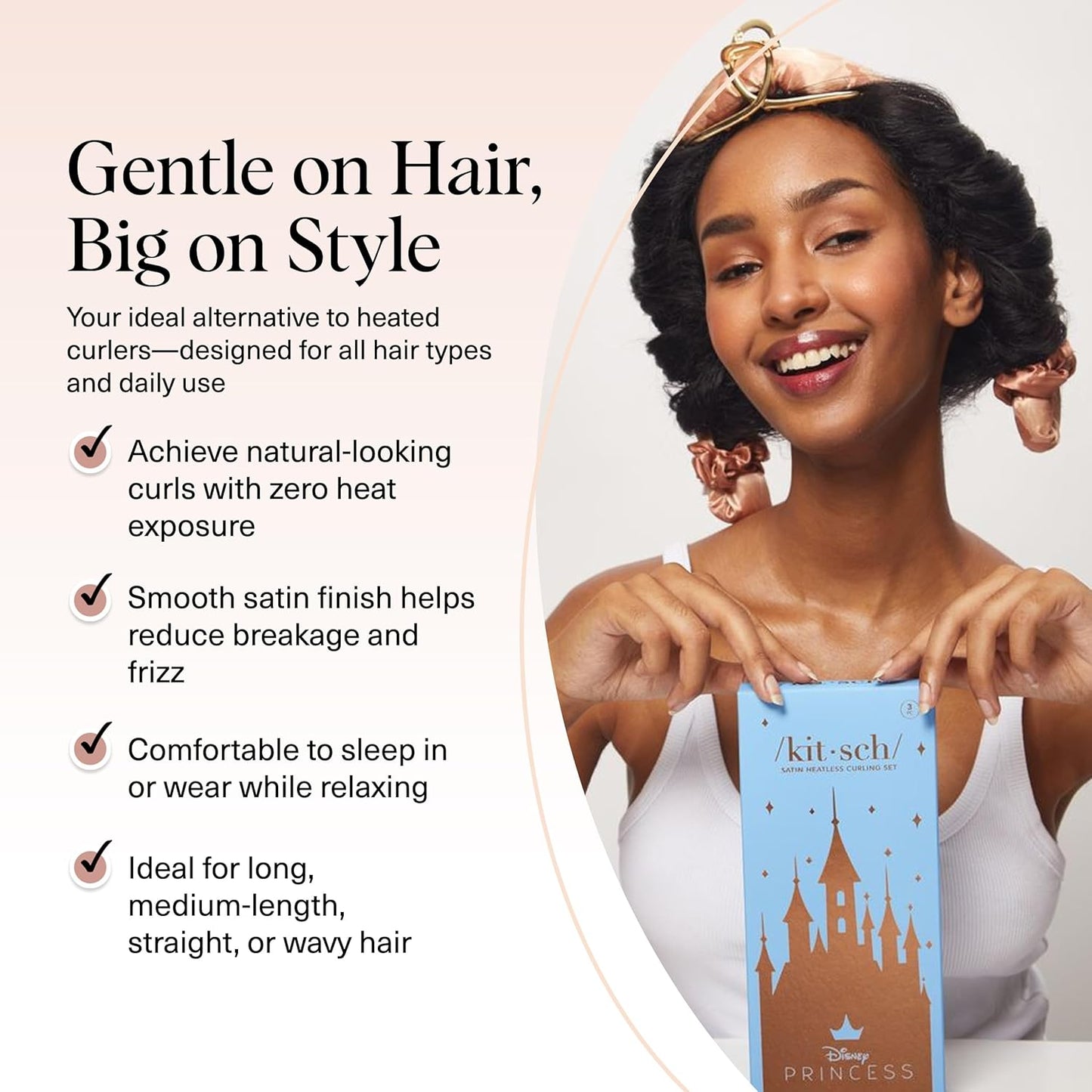 Disney & Kitsch Satin Heatless Hair Curler Set - Heatless Curls Overnight, Hair Rollers for Soft Curls & Frizz-Free Styling, No Heat Curlers To Sleep in, Curling Rod Headband - Princess Party