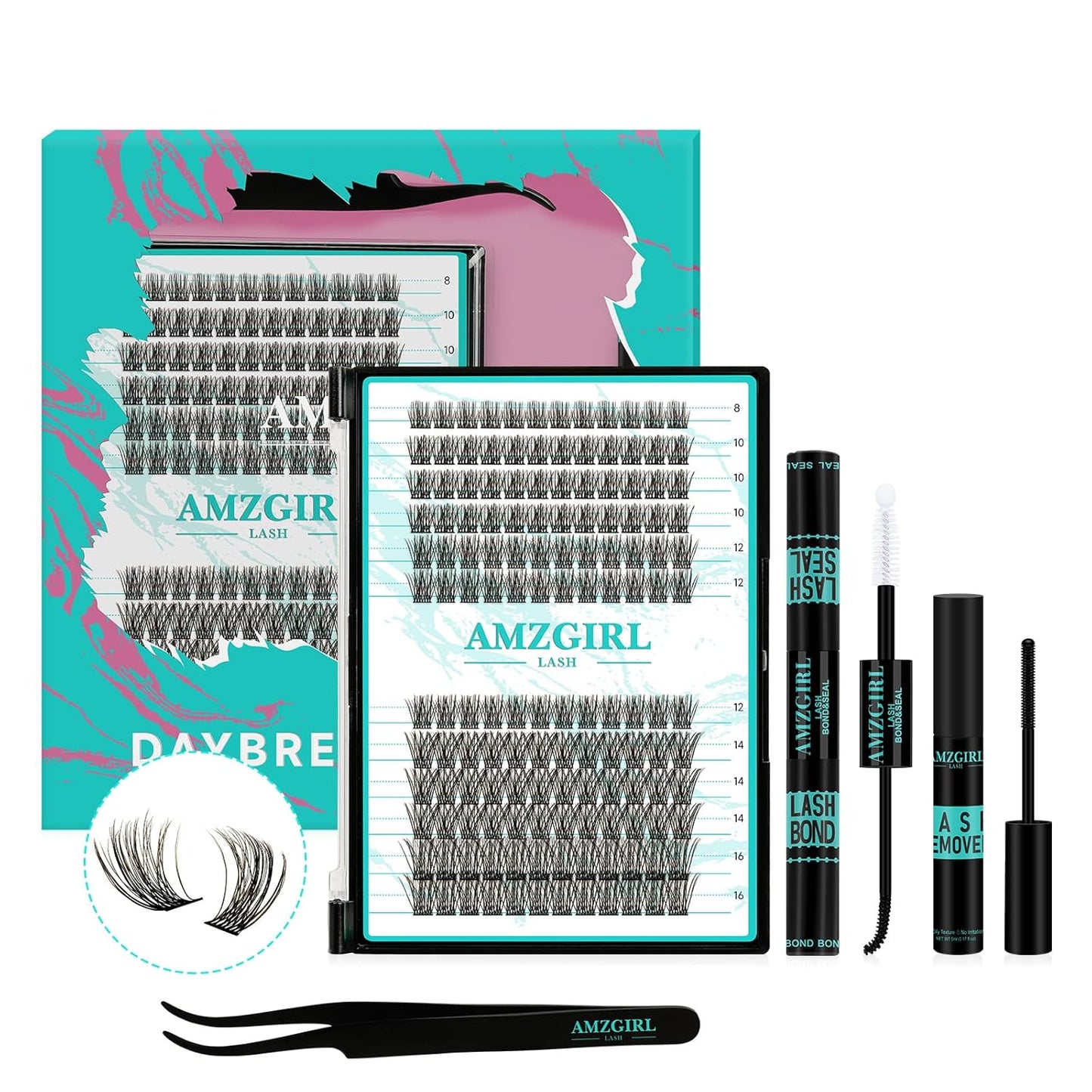 Lash Extension Kit Daybreak Lash Clusters kit Lash Bond and Seal Eyelash Remover and Lash Applicator for Diy Lash Extension Kit at Home by AMZGlRL(Daybreak,D-Mix8-16mm kit)