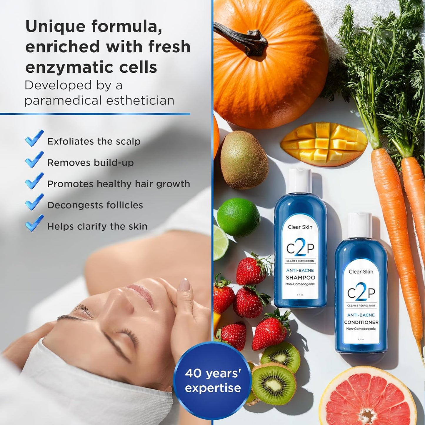 Non-Comedogenic & Sulfate-Free Shampoo & Conditioner Set by Clear 2 Perfection, Ideal for Acne-Prone Skin & Bacne, Esthetician Developed, Fights Breakouts & Promotes Healthy Hair