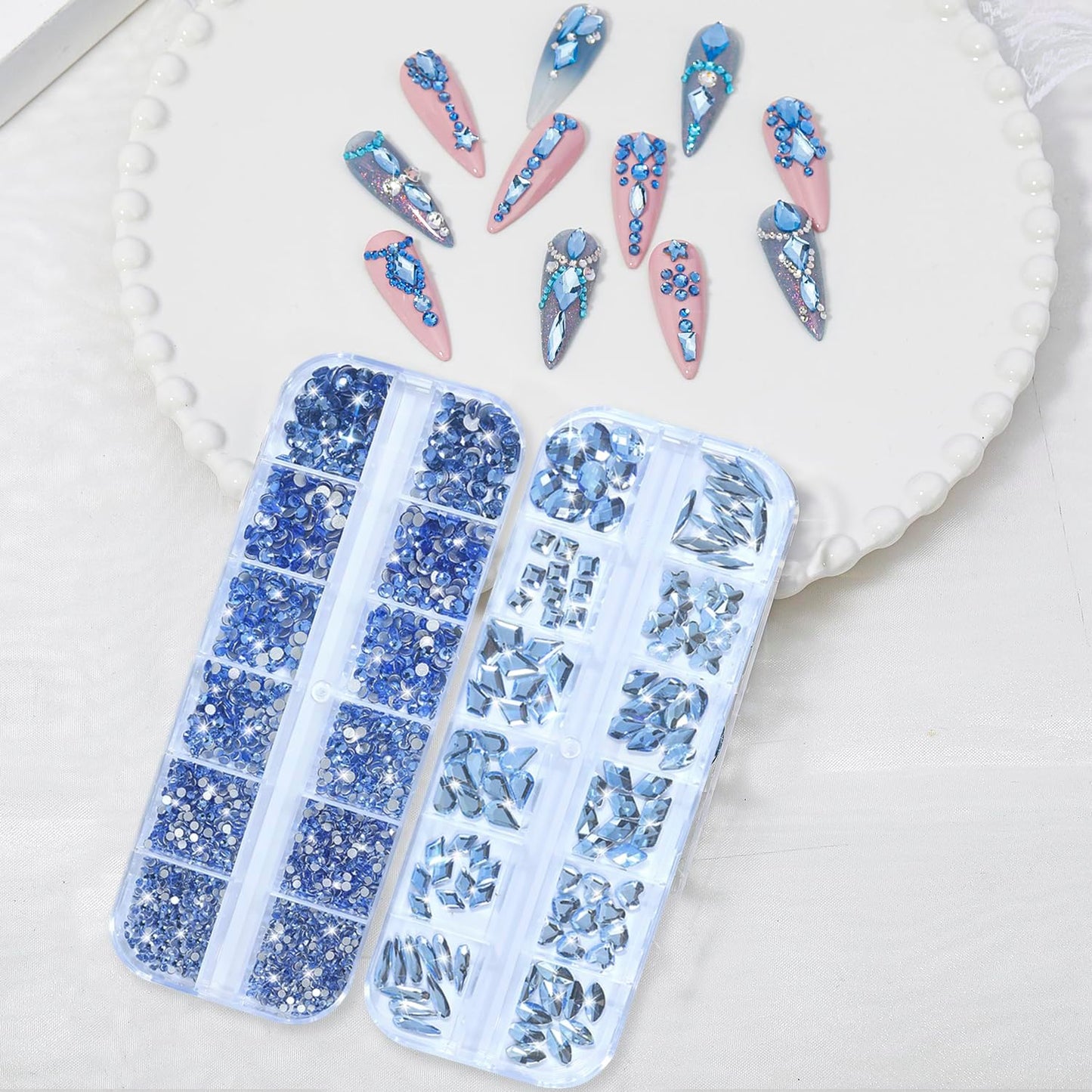 Nail Rhinestones - 3D Multi Shape Size, Flat Back, Crystals Manicure Rhinestones Charms, Light Blue Nail Gems, with Kit, for Nail Art, Bedazzling Acrylic Nails, DIY Decor