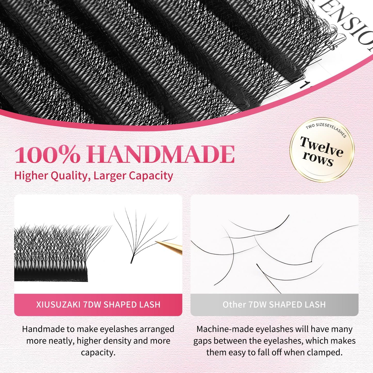 W Lash Extensions Supplies 7D Eyelash Extensions W Shape 0.07mm Thickness C Curl 13mm Premade Fans Easy Fan Lashes Volume Matte Black 12 Rows Crisscross Eye Lashes(W-7D-0.07-C,13mm)