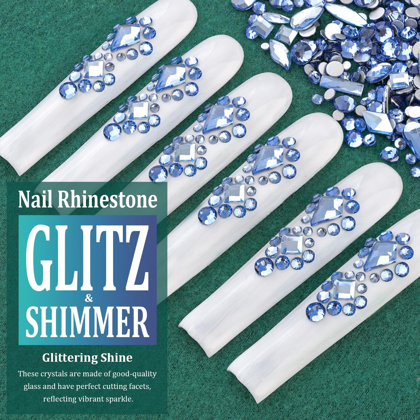 Multi Shapes Light Blue 3D Glass Crystal Nail Art Rhinestones Kit with Flatback Round Bead Charm Gem Stone Jewelry Diamond with Pickup Pen + Tweezer for Manicure Makeup DIY Craft Decoration