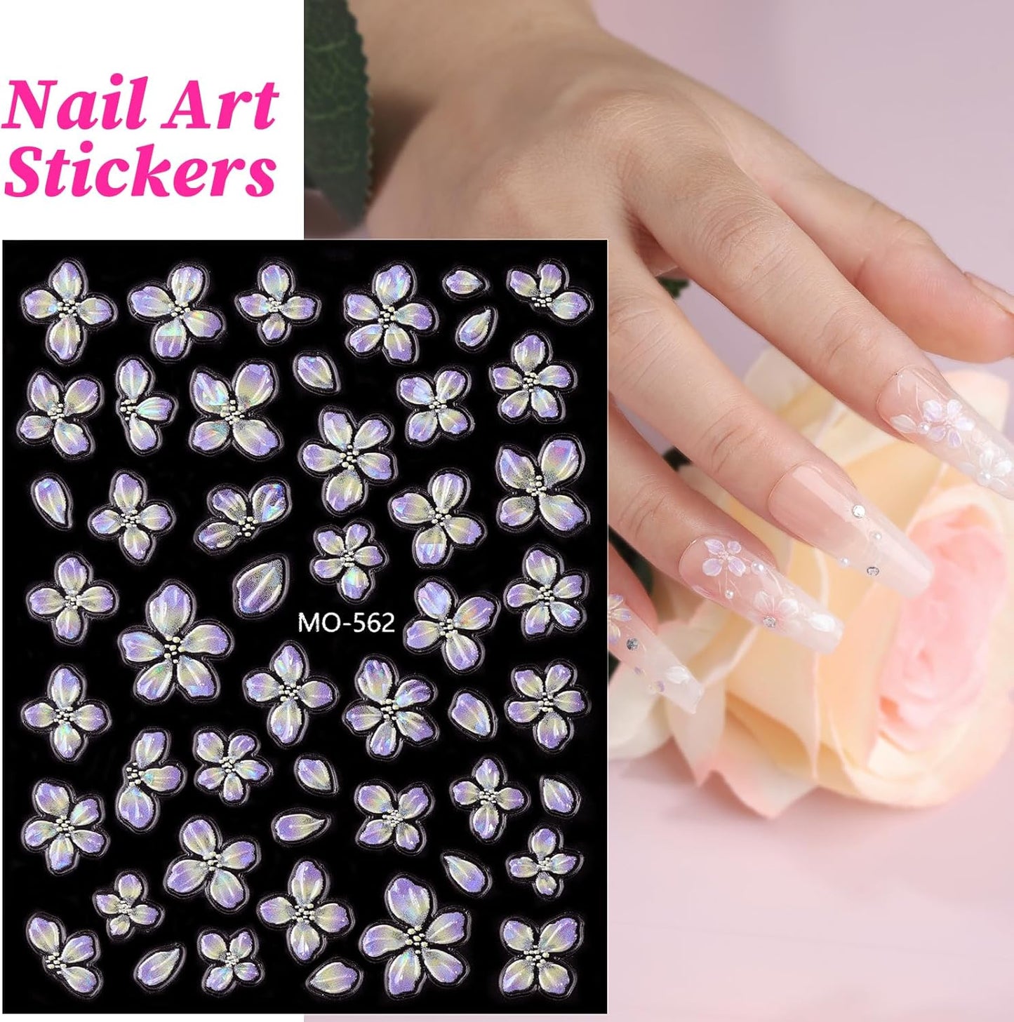 Flower Nail Stickers 6 Sheets Self-Adhesive Floral Nail Decals 5D Embossed Pink Purple White Nail Art Stickers for Women DIY Manicure Accessories Decorations