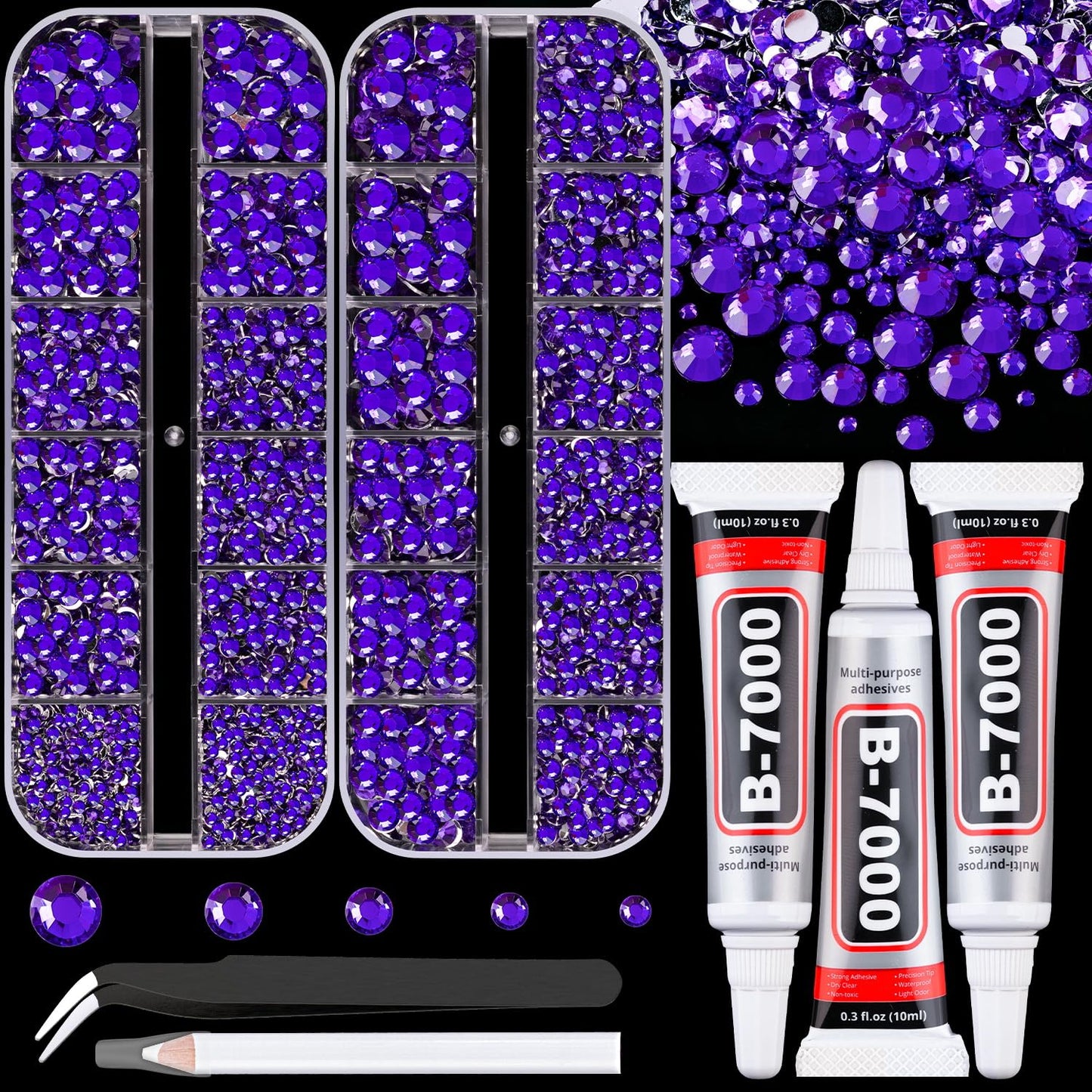 Resin Rhinestones for Crafting with B7000 Jewelry Glue, 2 Boxes Blue Purple Flatback Crystals with 3Pcs 10ml Glue for Bedazzling Crafts Nail Art Makeup，Non Hotfix Gems for Clothing Shoes