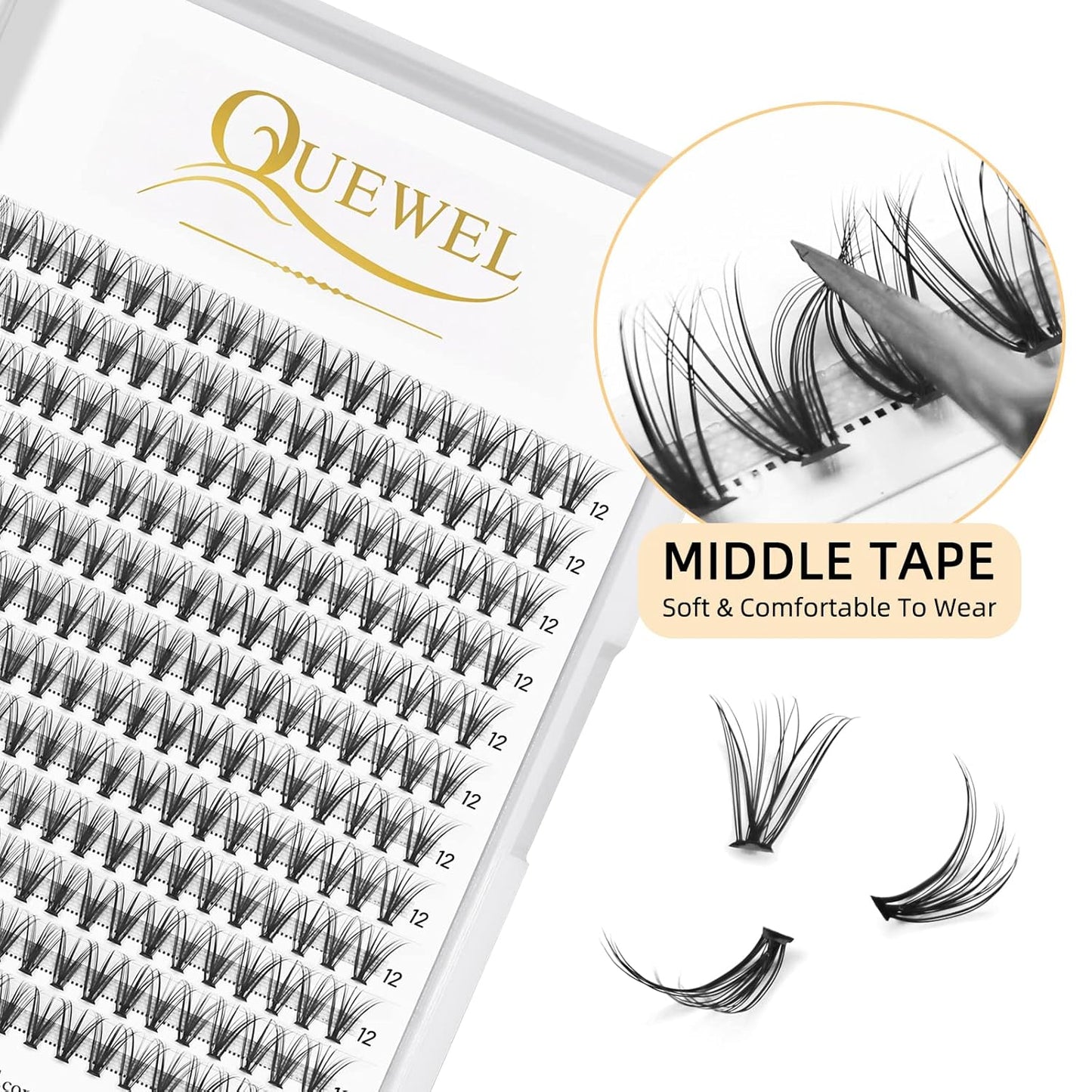 QUEWEL Cluster Lashes 240Pcs Individual Lashes 20D 0.07C Curl 12mm Knot-Free Lash Extensions Clusters Lashes Soft&Natural False Eyelashes Individual DIY Eyelash Extension at Home(20D 0.07C 12)