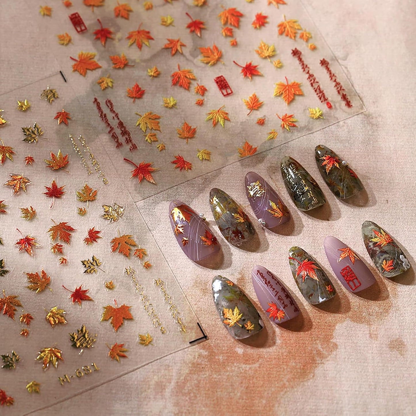 Fall Nail Stickers 1 Sheet 3D Embossed Nail Art Stickers DIY Self-Adhesive with Maple Leaves Gradient Designs Women Girls Autumn Nail Art Decorations