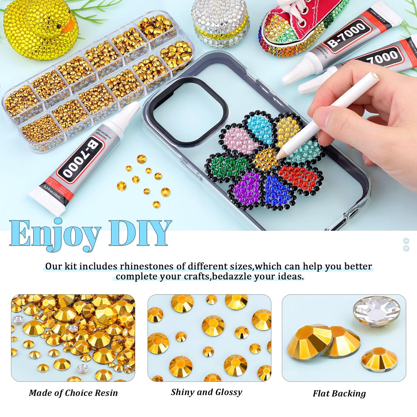 6000Pcs Resin Rhinestones for Bedazzling with 3Pcs B7000 Jewelry Glue, 1 Box Mine Gold Flatback Rhinestones for Crafting Crafts DIY, Crystals Gems for Clothing Shoes Tumblers Nail Art Makeup