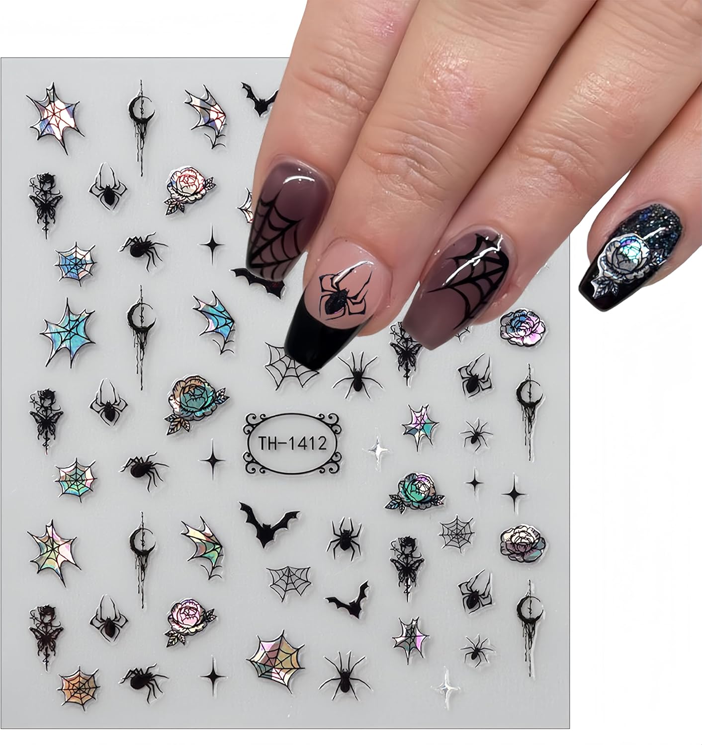 6 Sheets Halloween Colorful Nail Art Stickers 3D Glitter Spider Web Spider Nail Stickers Black Bat Scorpion Designs Nail Decals Shiny Red Rose Nail Decals for Women Halloween Party Nail Decor Kits