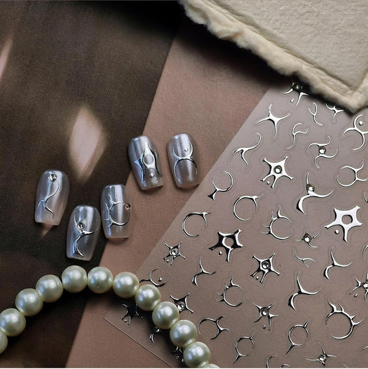 1Pcs Silver Star 5D Embossed Stripe Nail Art Stickers Self Adhesive Punk Style Rhinestone Star Gothic Lines Nail Stickers for Nail Art Silver Nail Decals Y2K Stars Nail Supplies for Women DIY Nails