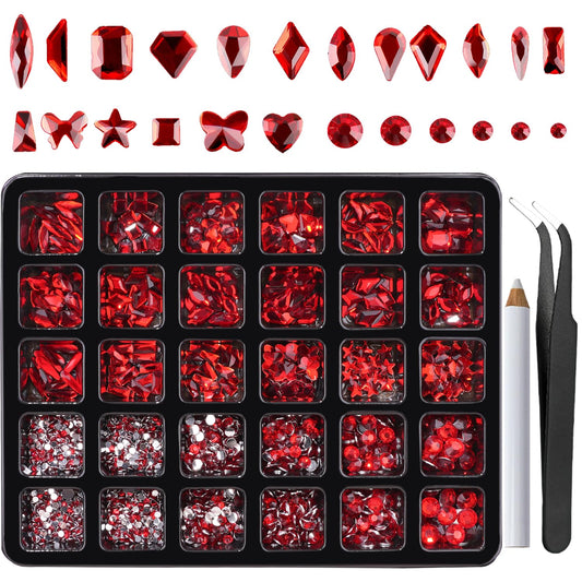 Canvalite 2900Pcs Red Rhinestones for Nails, 18 Styles Multi Shape Nail Charms and Gems Shiny Glass Crystal Flatback Nail Rhinestones Set for Nail Art with Rhinestone Picker and Tweezers