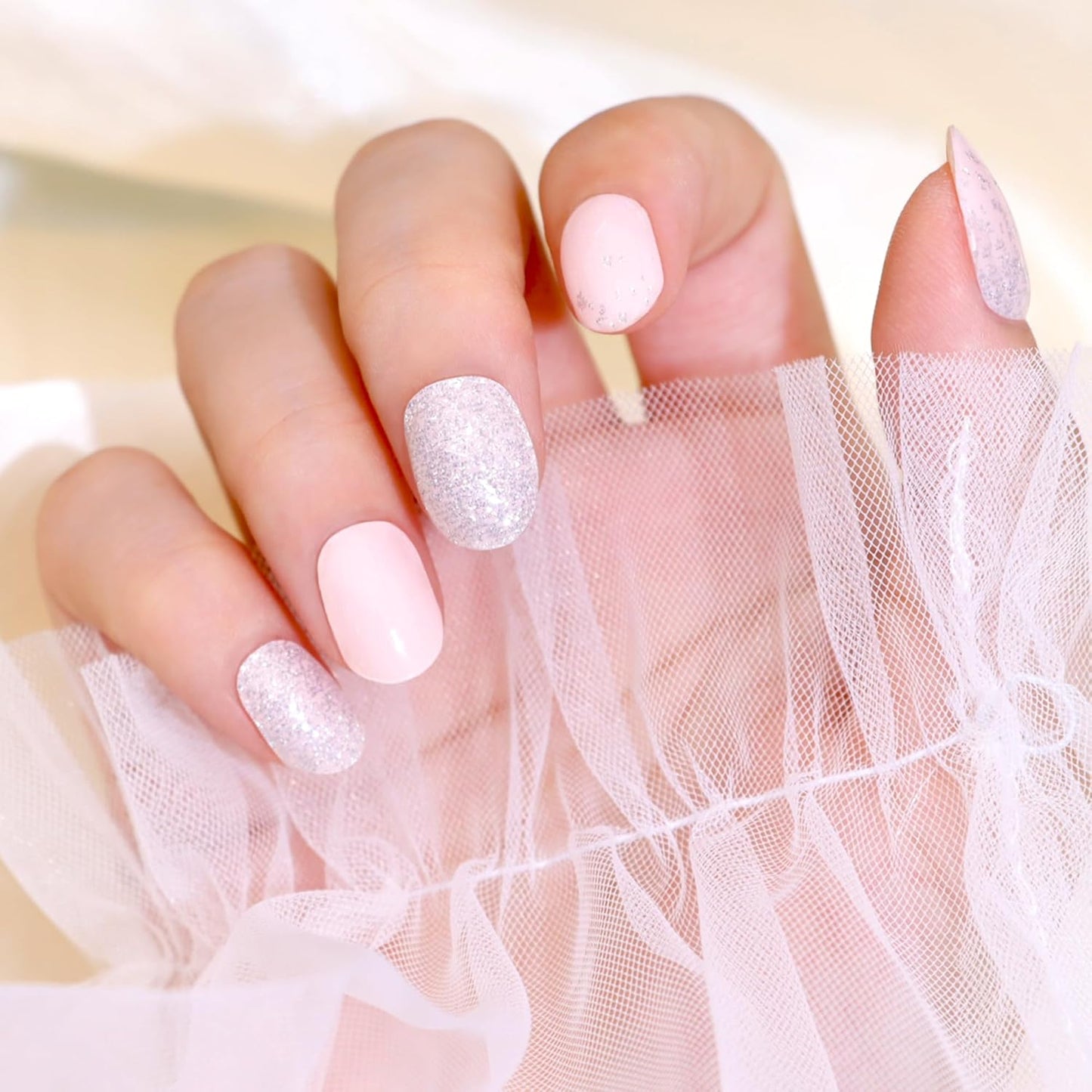 Semi Cured Gel Nail Strips-Travel friendly nail stickers portable manicure kit for vacations business trips easy to carry on the go,Works with Any UV/LED Lamps(Pixie Dust）