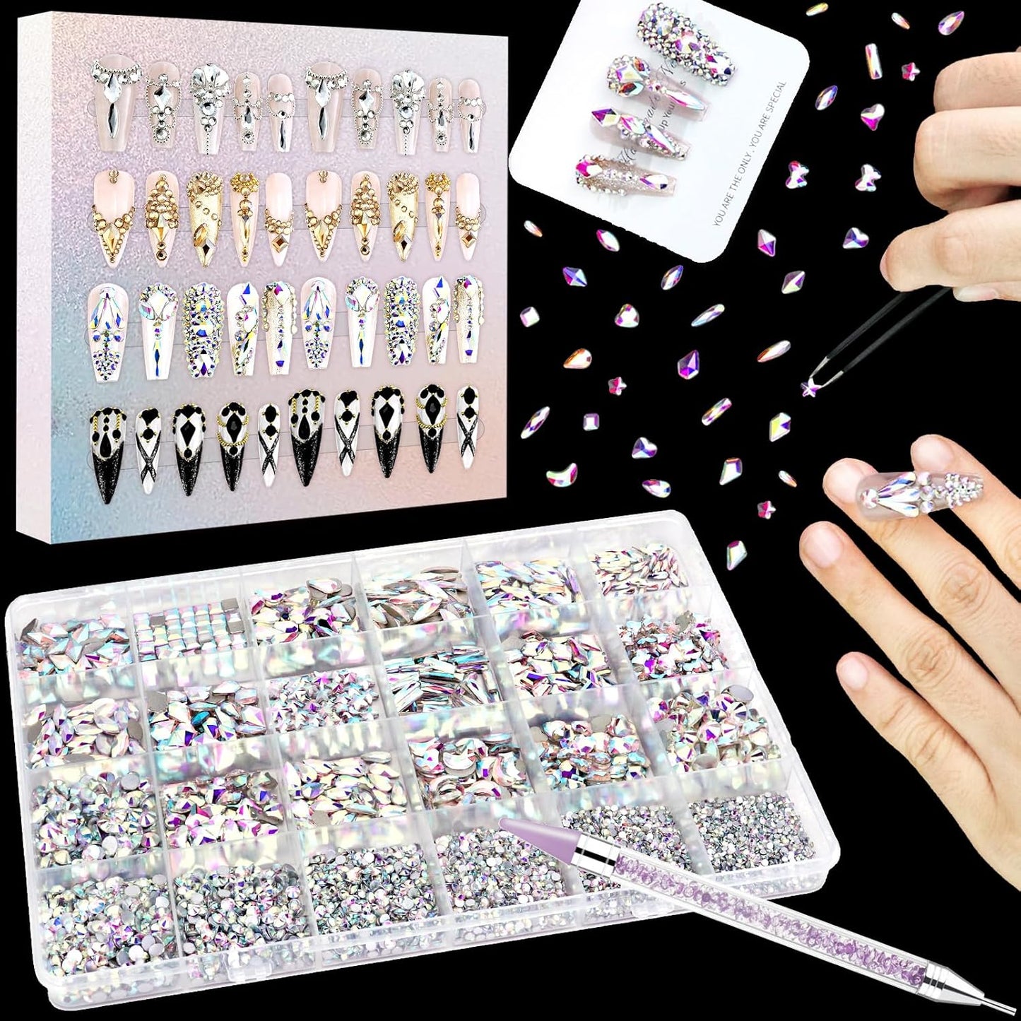 Dowarm 6000pcs Nail Rhinestones Kit, 16 Types of 800PCS Special-Shaped Diamonds + 5200PCS Flatback Rhinestones, 3D Crystal AB Glass Gemstones for Nail Crafts Decoration, Jewelry Gem Stones Charm