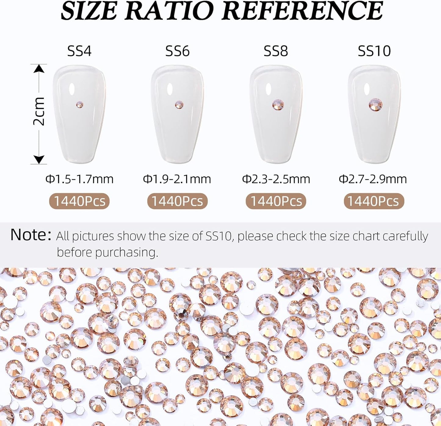 Gold Shadow Flatback Rhinestones, Glass Rhinestones for Nail Art and Craft, Glue Fix, Loose Crystal Gemstones(Gold Shadow, SS6, 1440pcs, 1.9-2.0mm)