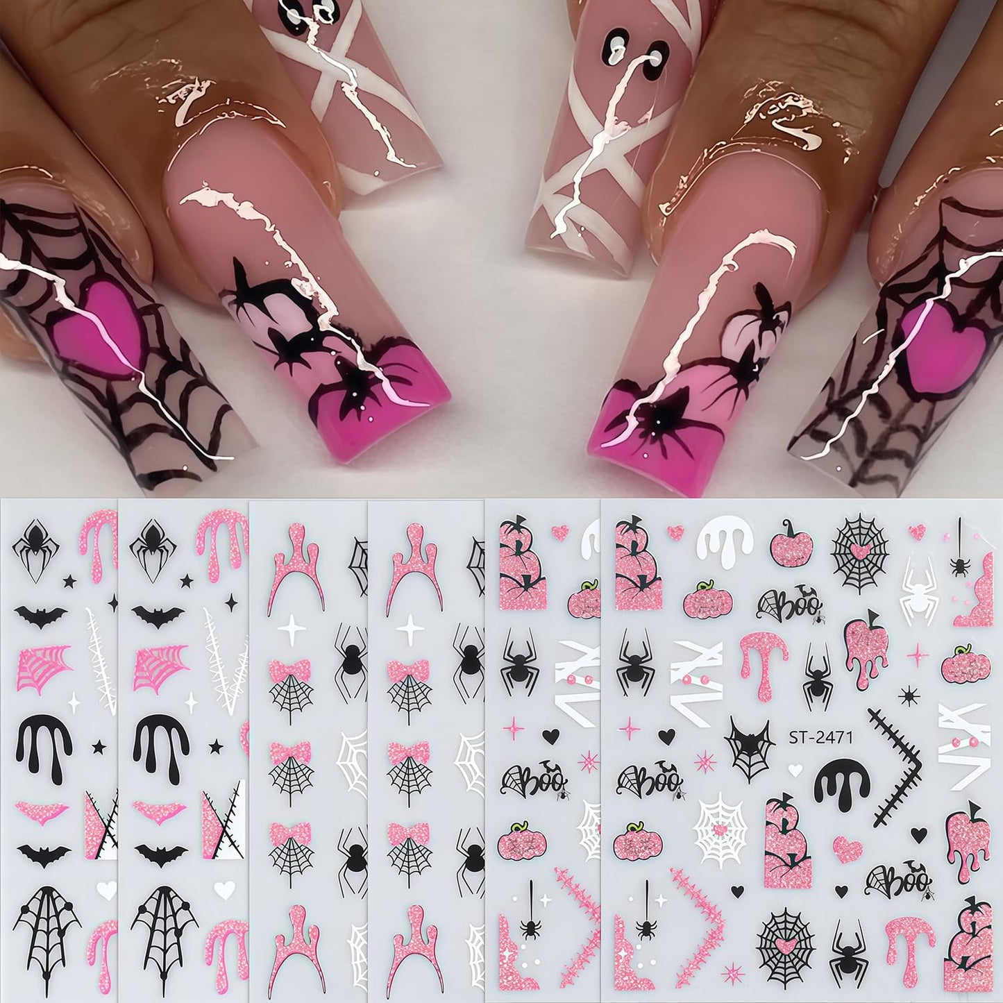 6 Sheets Halloween Nail Stickers for Nail Art 3D Self-Adhesive Pink Glitter and Black Spider Web Spider Pumpkin Bat Pattern Nail Art Stickers Holiday DIY Manicure Tips Nails Accessories for Women