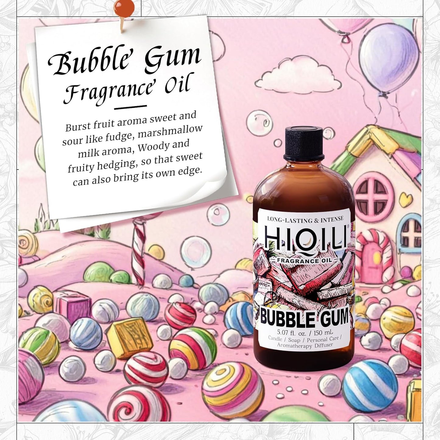 HIQILI Bubble Gum Fragrance Oil for Candle, Soap & Bath Bombs Making, Long Lasting Candy Scents, Home Diffuser Use - 5.07 Fl Oz