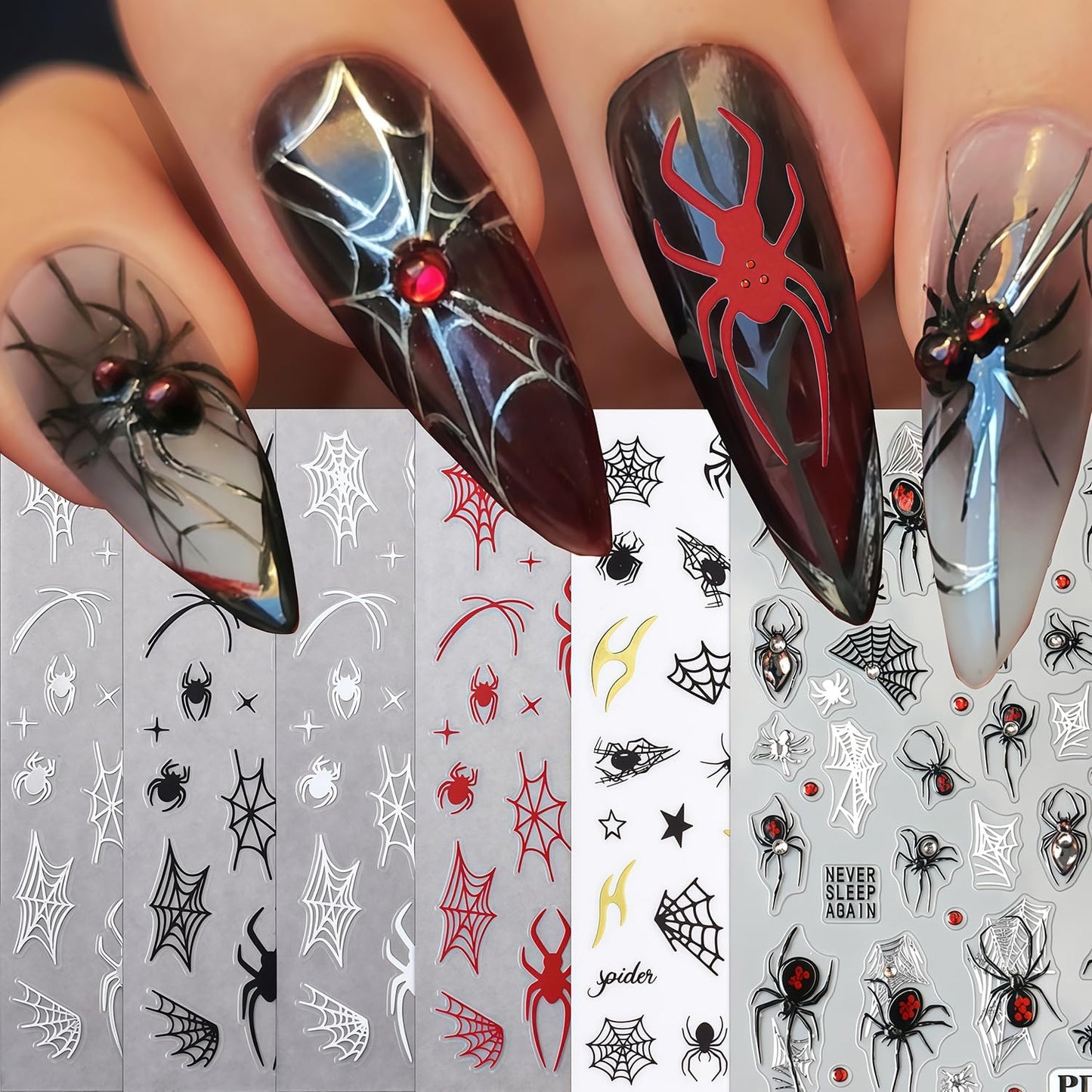 Spider Nail Art Stickers 3D Self-Adhesive Black White Red Silver Spiders Spider Web Star Nail Design Decals Halloween Nail Stickers DIY Holiday Manicure Decoration for Salon Acrylic Manicure 6 Sheets