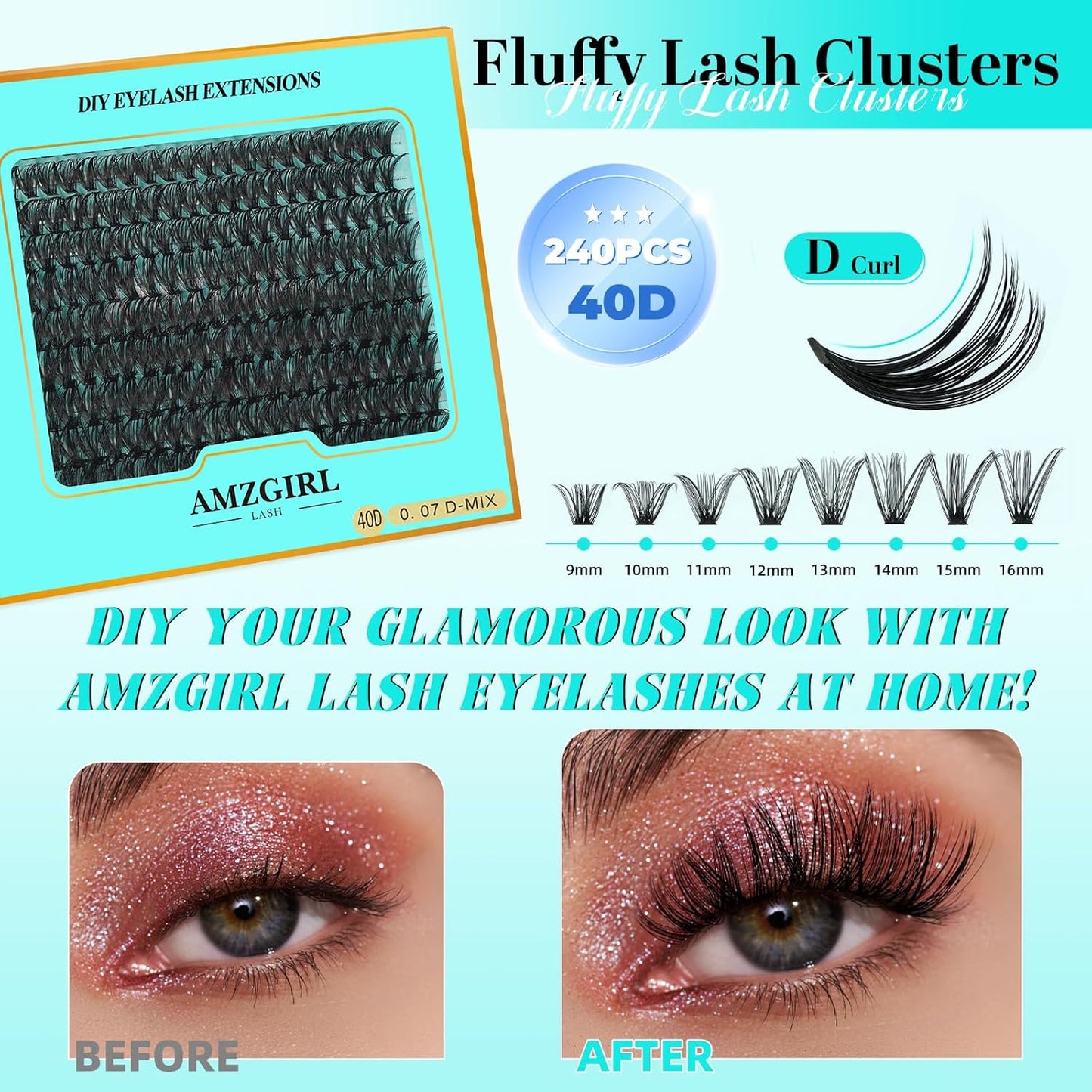 Lash Clusters 240pcs Eyelashes Cluster Individual Wispy Lashes Thin Band for D Curl Lash Extension Eyelashes for Beginners at Home,False Eyelashes Soft Eyelash Clusters(40D,D-Mix9-16mm)