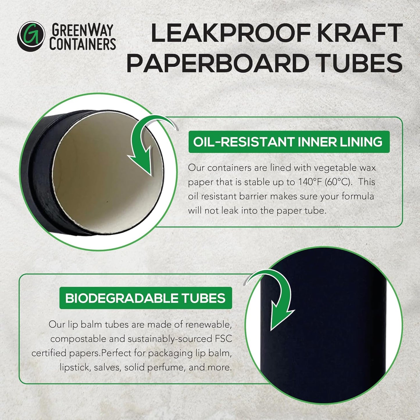 GreenWay 0.15oz / 4.25g Kraft Paperboard Lip Balm Tubes with Lids - 50 Pack Lip Gloss Tubes Refillable DIY Cosmetic Containers – Extra Thick Push-Up Bottom Lip Balm Containers - Black