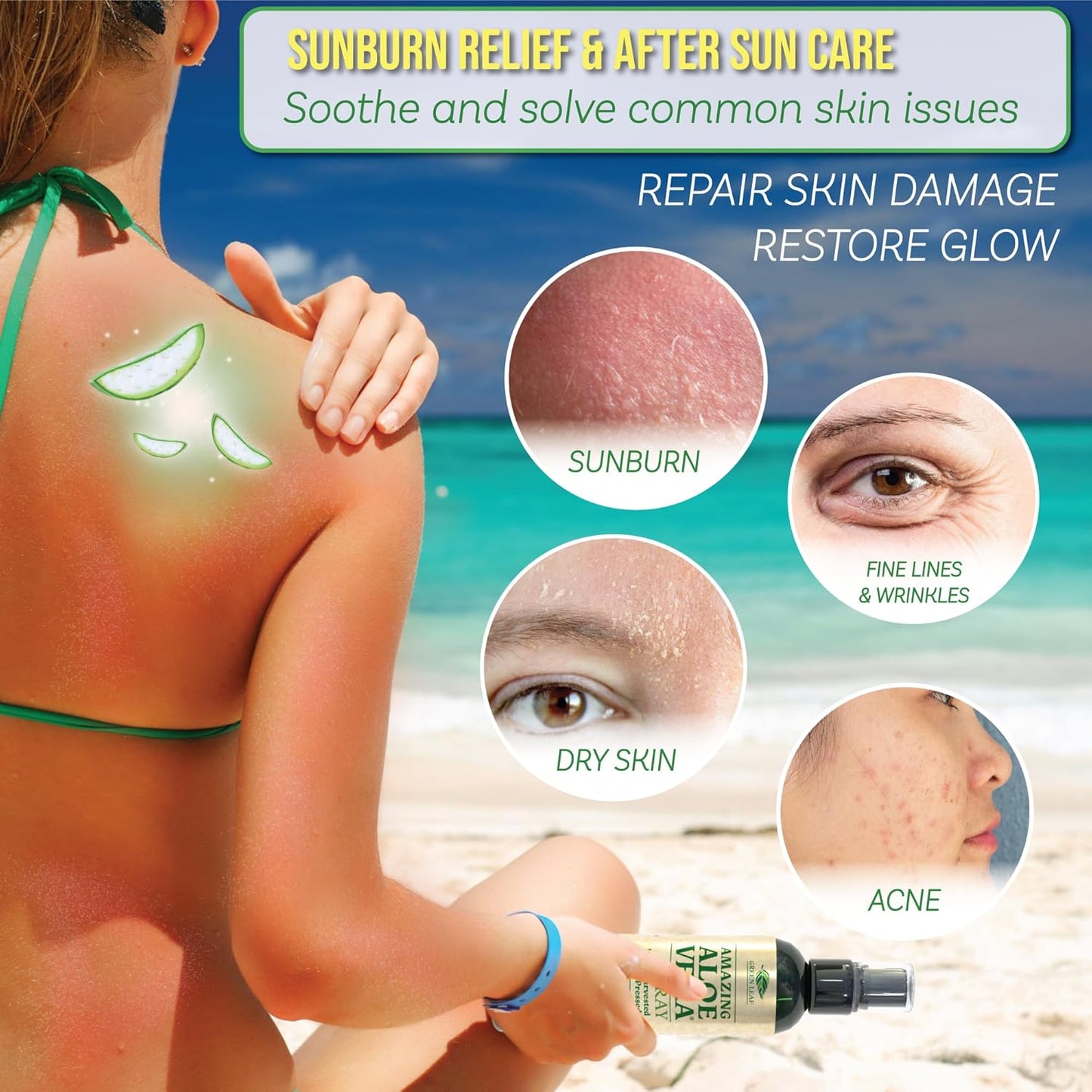 Green Leaf Naturals Aloe Vera Spray | 99% Cold-Pressed Aloe Vera Juice with Vitamin C, E & A | Hair, Skin, Facial Moisturizer, Sunburn Relief & After Sun Lotion 8oz