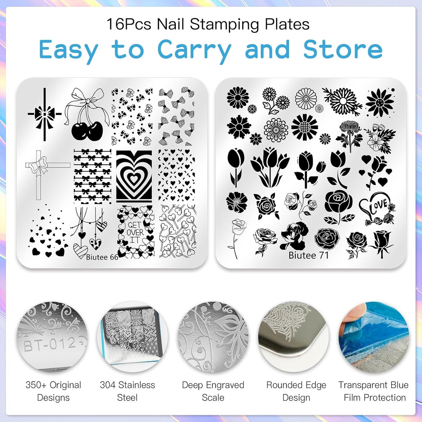 Biutee Nail Stamper Kit 16Pcs Nail Art Stamping Plate 8 Colors Stamp Polish Gel Silicone Stamper Scraper with Storage Bag, Nail Stamp Plates Love Flower Butterfly Leaf Template Halloween Design Gift
