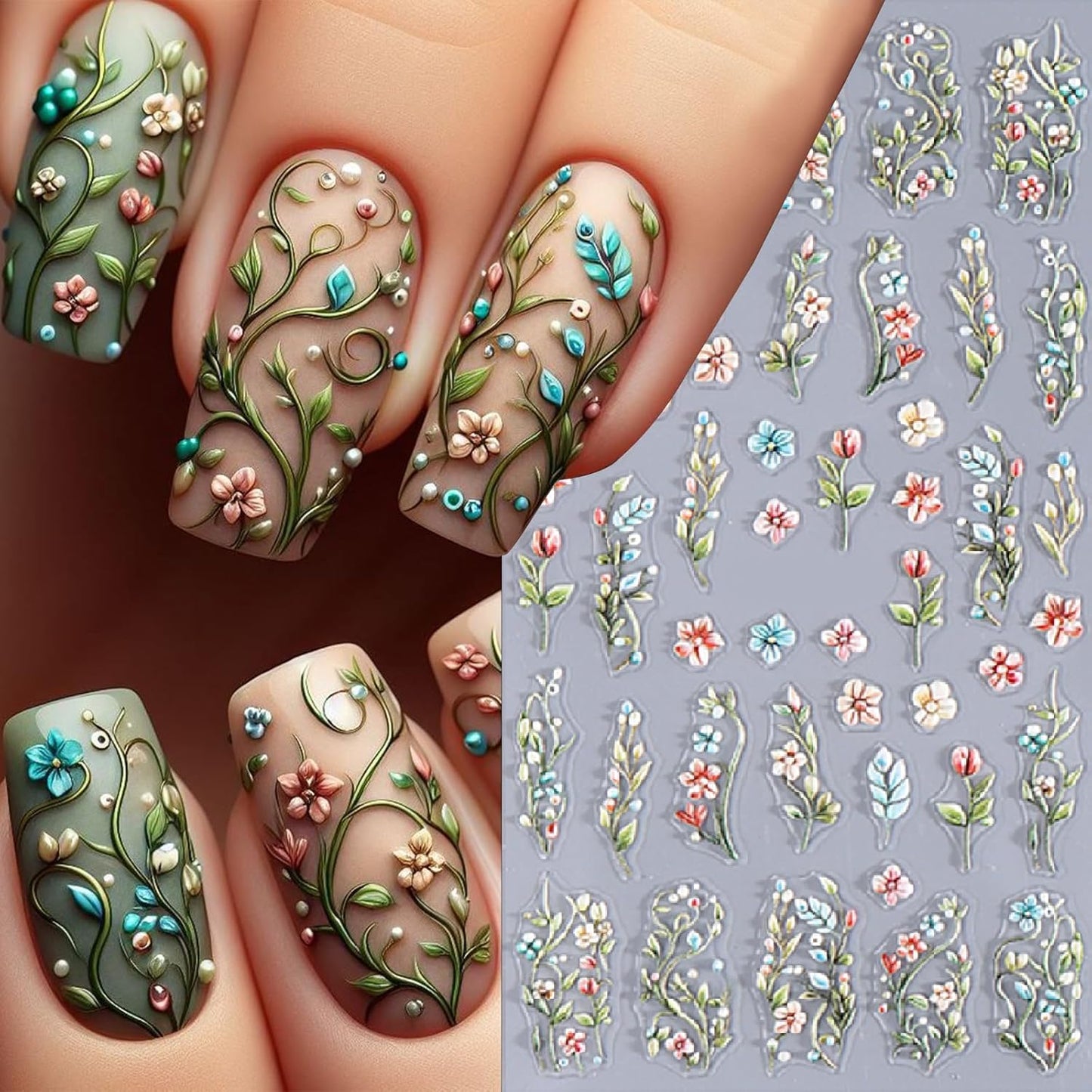 5D Embossed Nail Stickers 3Pcs Summer Colorful Flowers Leaves Nail Stickers for Nail Art Spring Floral Leaf Plant Self-Adhesive Sliders Nails Decals for Women and Girls Manicure Decoration Supplies