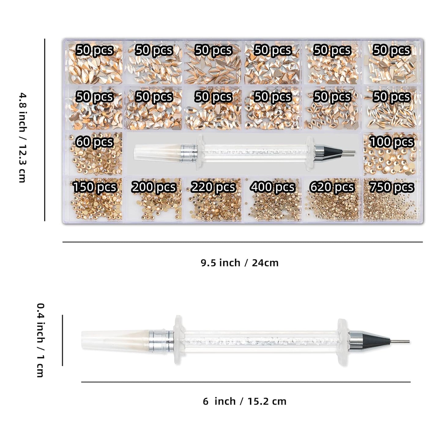 Nail Rhinestones Kit, Nail Art Decorations with Wax Pencil Flat AB Rhinestones Kit DIY Crafts Gemstones for Nail, Shoes, Clothes, Jewels (600 Champagne diamonds + 2500 flat rhinestones)